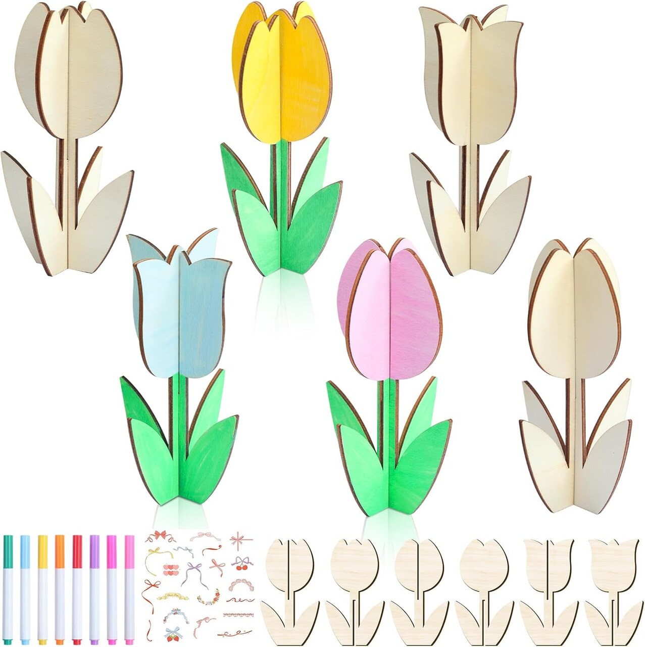 24 Pack Wood Tulips to Paint, DIY Wooden Tulips Flowers Craft Kits with Decorate Tools Spring Summer Centerpieces Craft Ornaments for Home DIY Craft Party Favors Tiered Tray Decorations
